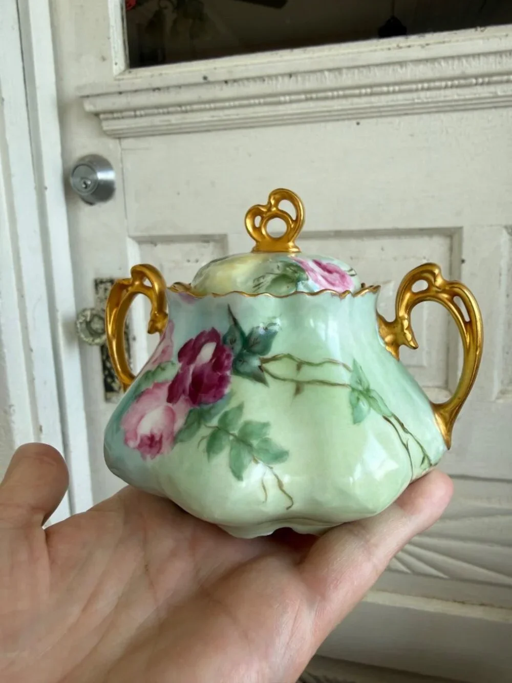 Vintage 40's Hand Painted Floral Porcelain Sugar and Greamer Set Gold Accent